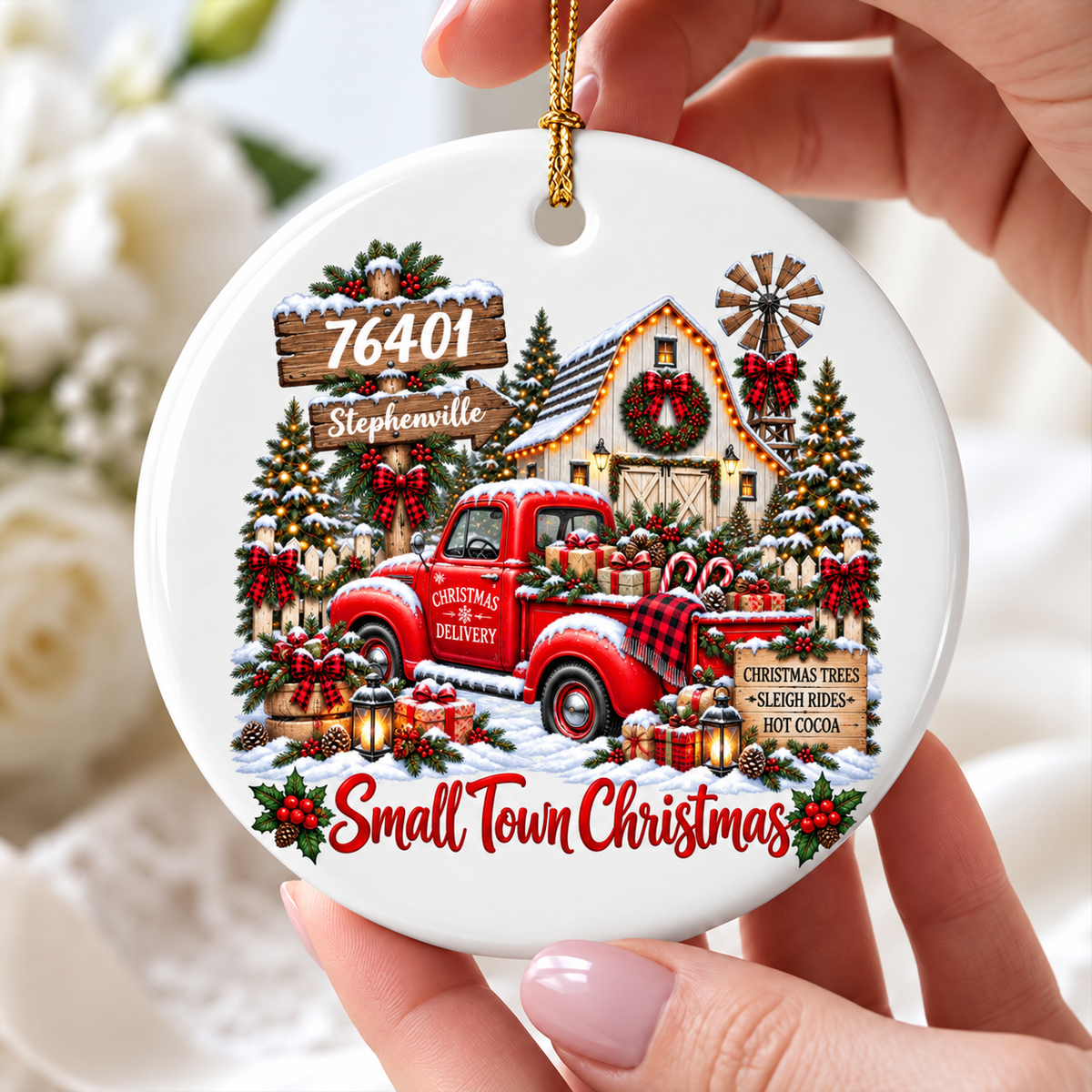 Custom Zip Code Small Town Christmas - Personalized Ceramic Ornament - Trendy Christmas Holiday Tee, Town Pride