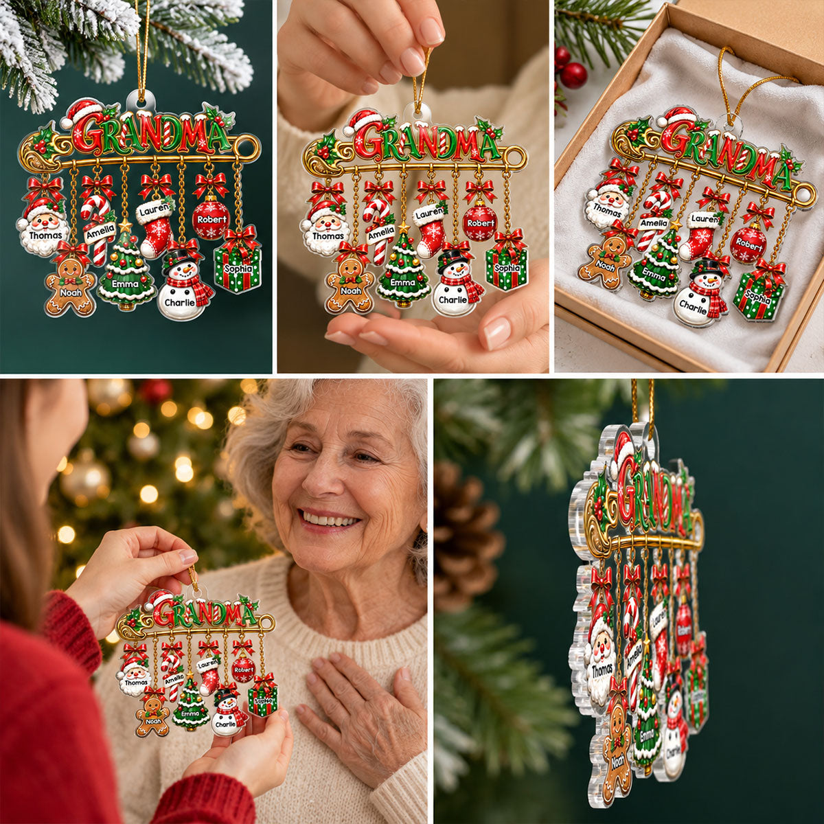 Grandma Safety Pin Christmas Charm - Personalized Acrylic Ornament - Trendy Christmas Gift for Grandma