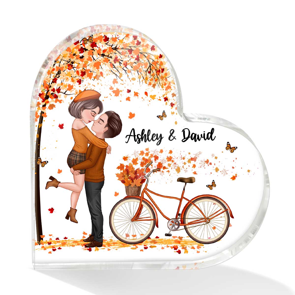 Fall Season Couple Kissing Under Tree Bicycle Personalized Heart Acrylic Plaque
