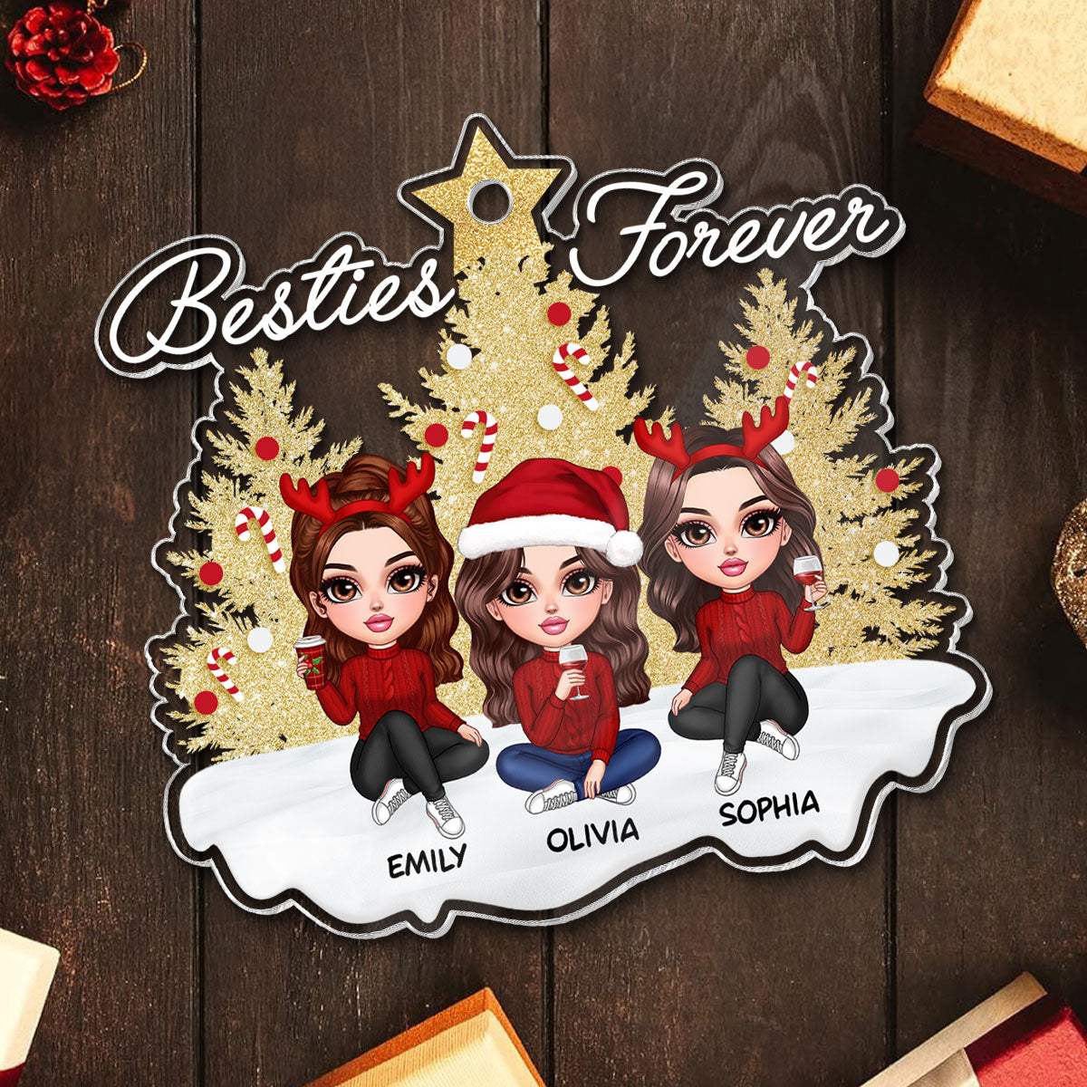Sparkling Christmas Tree Besties Forever Personalized Acrylic Ornament, Christmas Gift For Best Friends