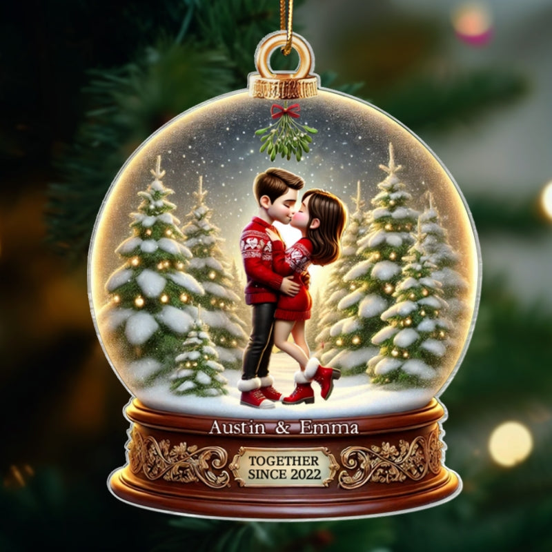 Pretty Couple Kissing Under Mistletoe 3D Realistic Snow Globe Personalized Acrylic Ornament, Unique Christmas Gift For Him, For Her, For The Couple, Anniversary Gift