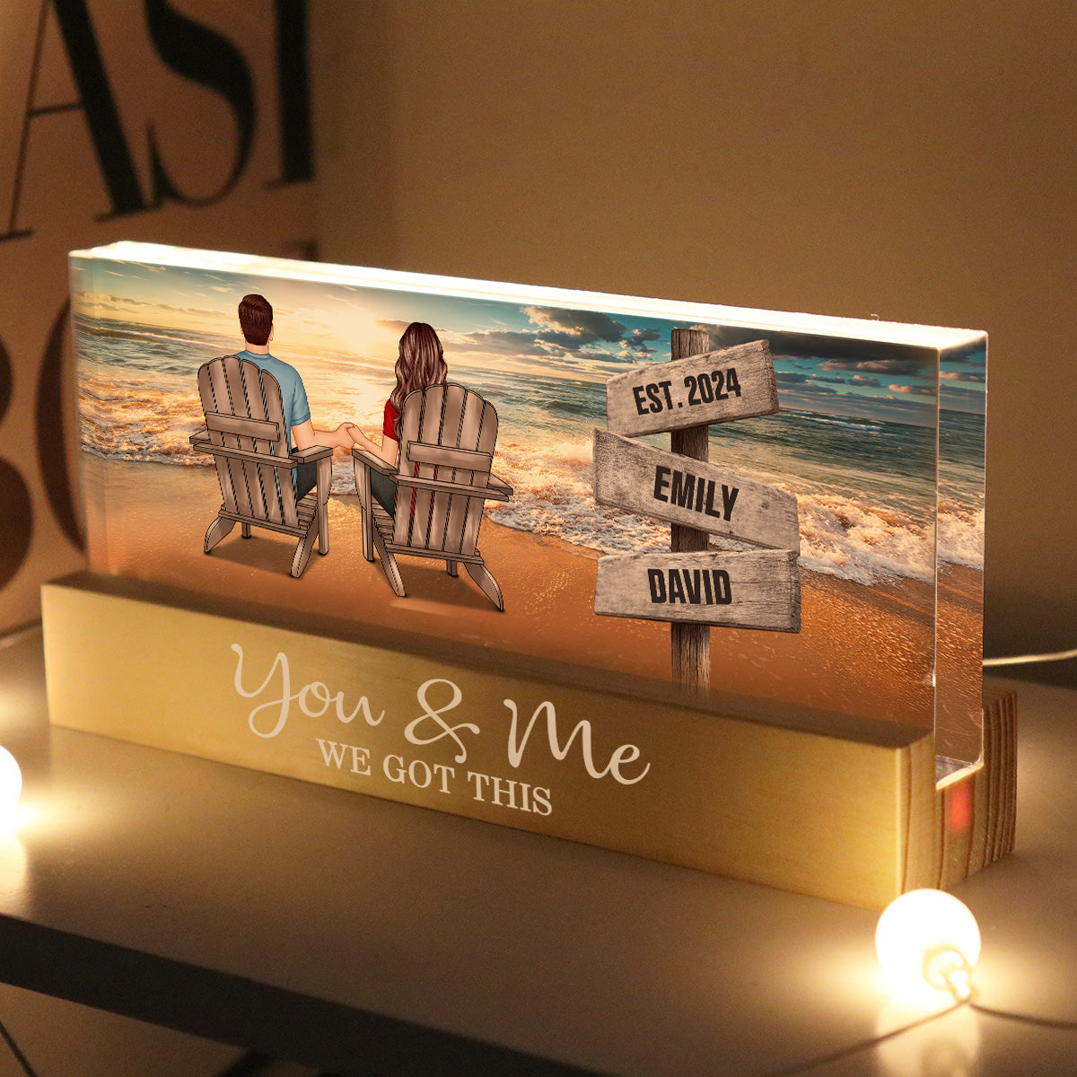 Romantic Beach Landscape Couple Sitting Holding Hands Sign Posts Personalized Acrylic Block LED Night Light, Heartfelt Gift For Couple, For Him, For Her, Boyfriend, Girlfriend, Husband, Wife