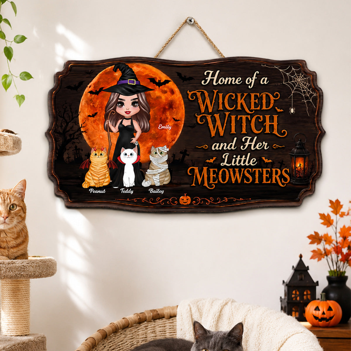 Home Of A Wicked Witch And Little Meownsters - Personalized Door Hanger Sign - Halloween Wigan Pagan Decor For Cat Mom