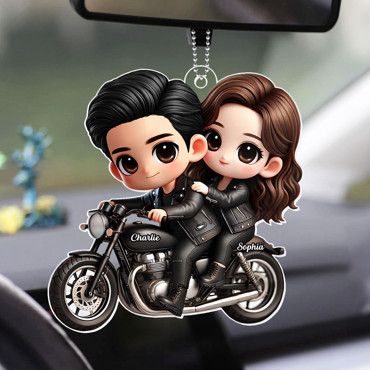 3D Effect Cute Cartoon Couple Motorcycle Personalized Acrylic Car Hanger, Anniversary &  Gift for him, Gift for her
