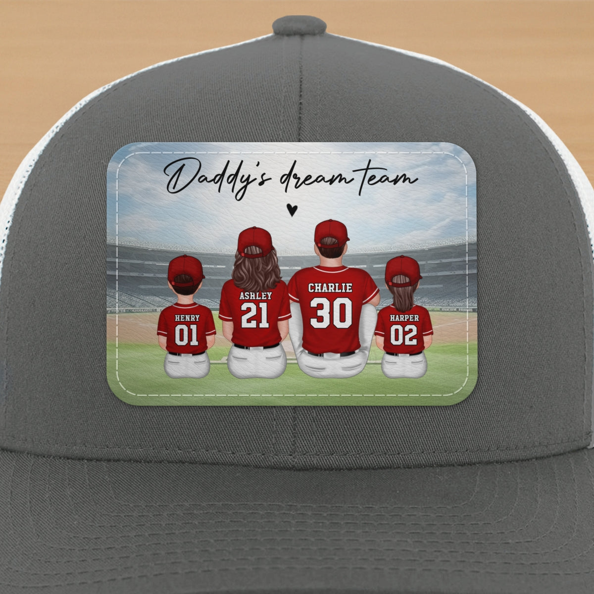 Baseball Daddy's Team Man & Kids Sitting Personalized Leather Patch Hat