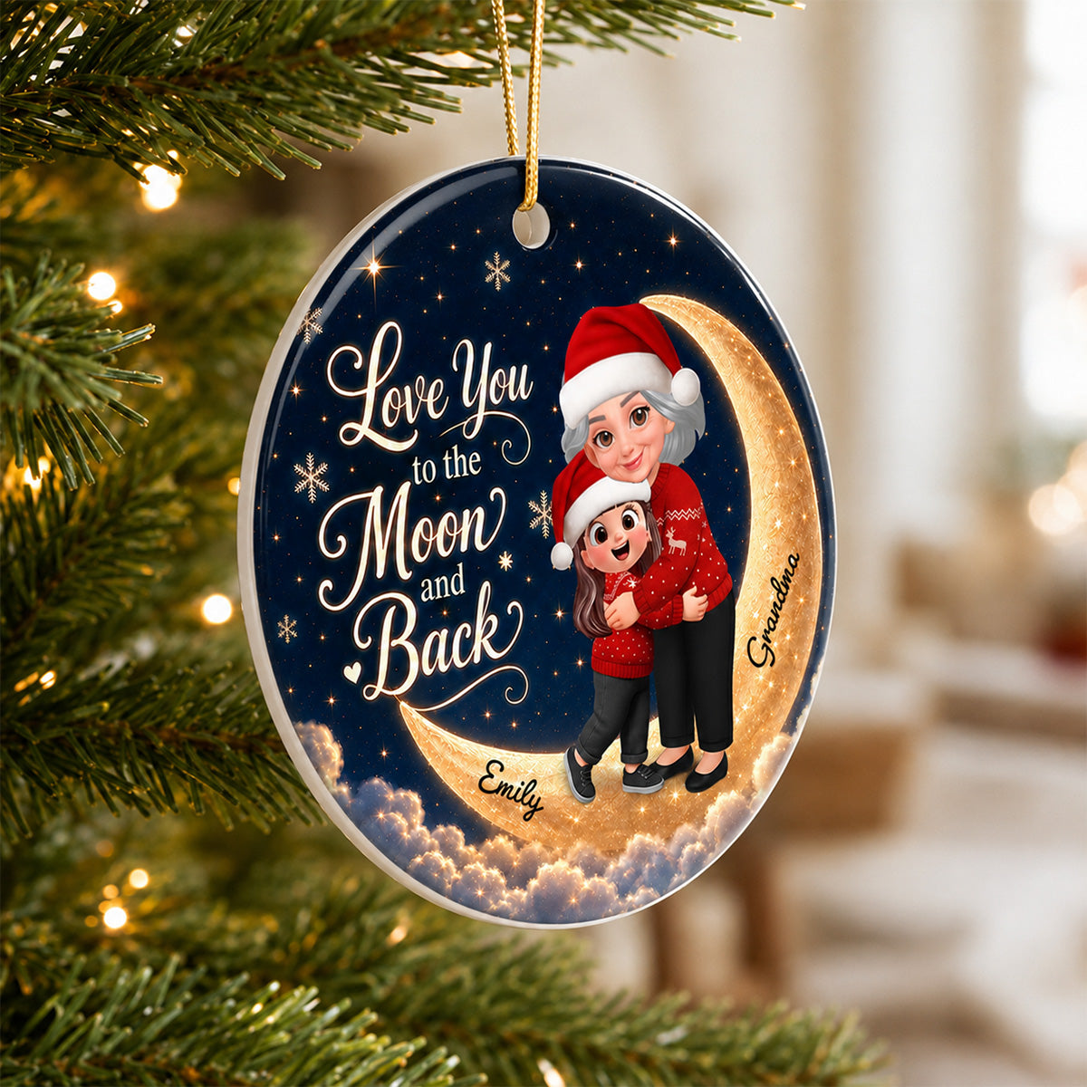 Love You To The Moon And Back Glowing Moon Night - Personalized Circle Ceramic - Christmas Gift For Grandchildren