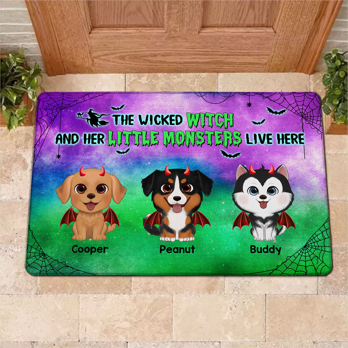 Halloween Green And Purple Wicked Witch & Little Monster Watercolor Cute Dogs Personalized Doormat