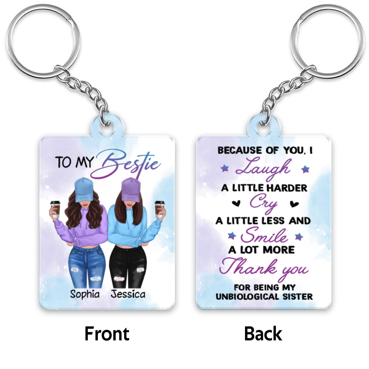 Front View Besties To My Bestie Watercolor Personalized Acrylic Keychain