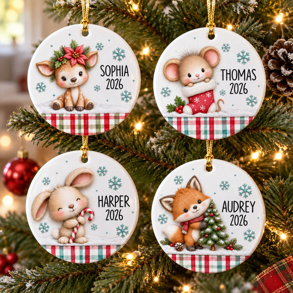 Cute Woodland Animals 2D Flat - Personalized Ceramic Ornament - Christmas Keepsake Gift For Kids, Son, Daughter