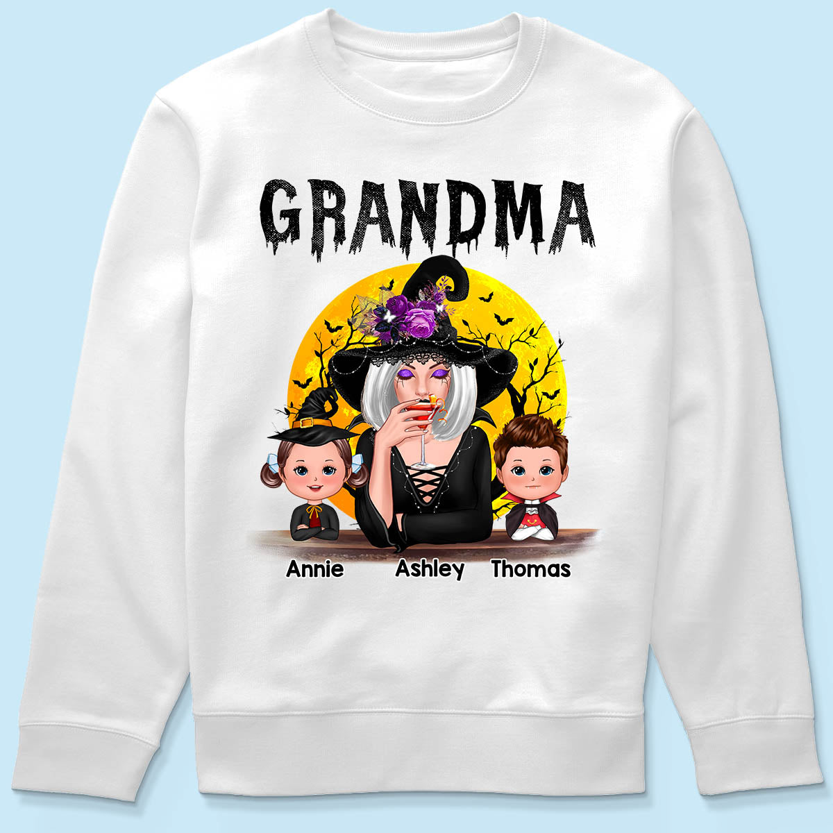 Halloween Moon Grandma Mom Witch With GrandKids Personalized Shirt