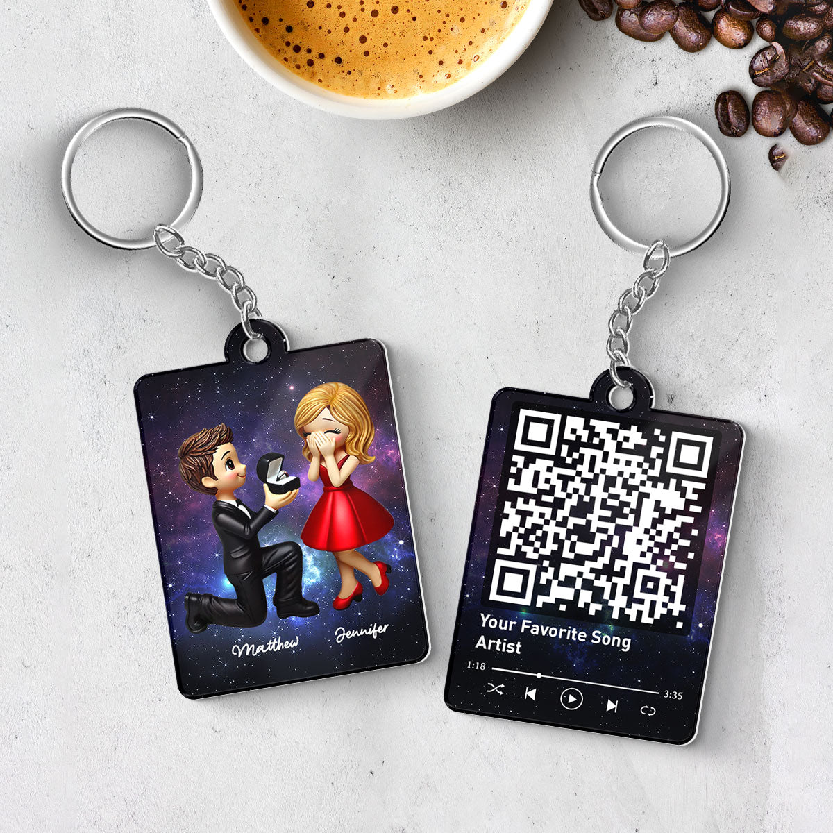 Couple In Galaxy Night Personalized Acrylic Flat Keychain, Just Engaged  Gifts for Couples, Favorite Song Scannable QR Code
