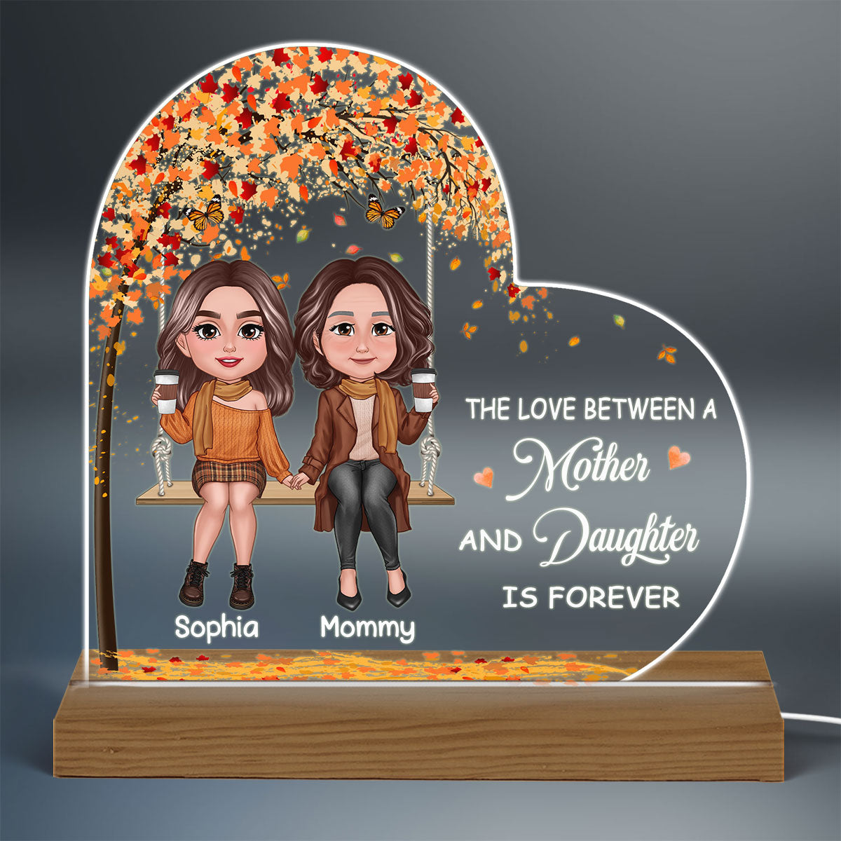 Fall Season Mother Daughters Sitting On Swing Personalized Custom Shape Acrylic LED Night Light