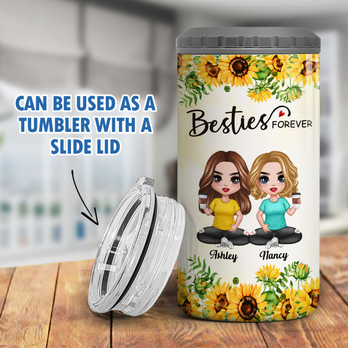 Sunflower Doll Besties Gift For Best Friends Personalized 4 In 1 Can Cooler