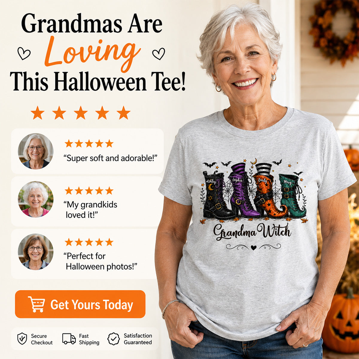 Grandma Witch Boots With Grandkids’ Names – Personalized Shirt – Halloween Gift For Grandma
