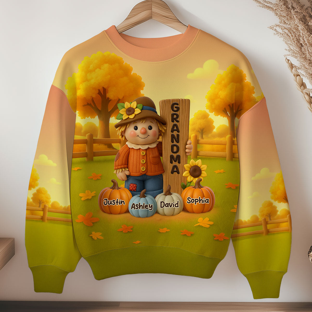 Grandma Scarecrow Standing Grandkids Pumpkins 3D Effect Personalized Sweatshirt