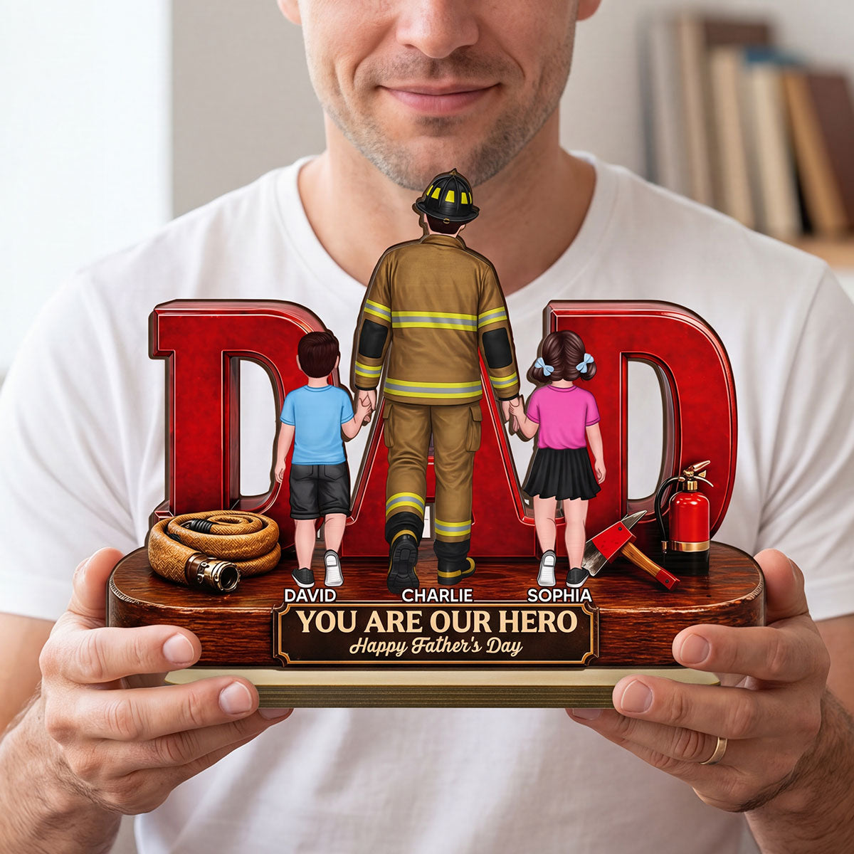 Proud Firefighter Dad You Are Our Hero - Personalized 2-Layered Wooden Plaque - Father's Day Gift For Dad