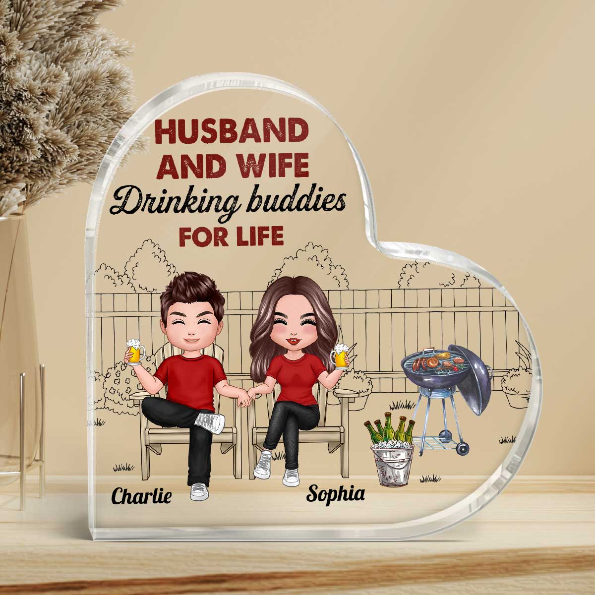 Grilling Drinking Couple Personalized Acrylic Heart Plaque
