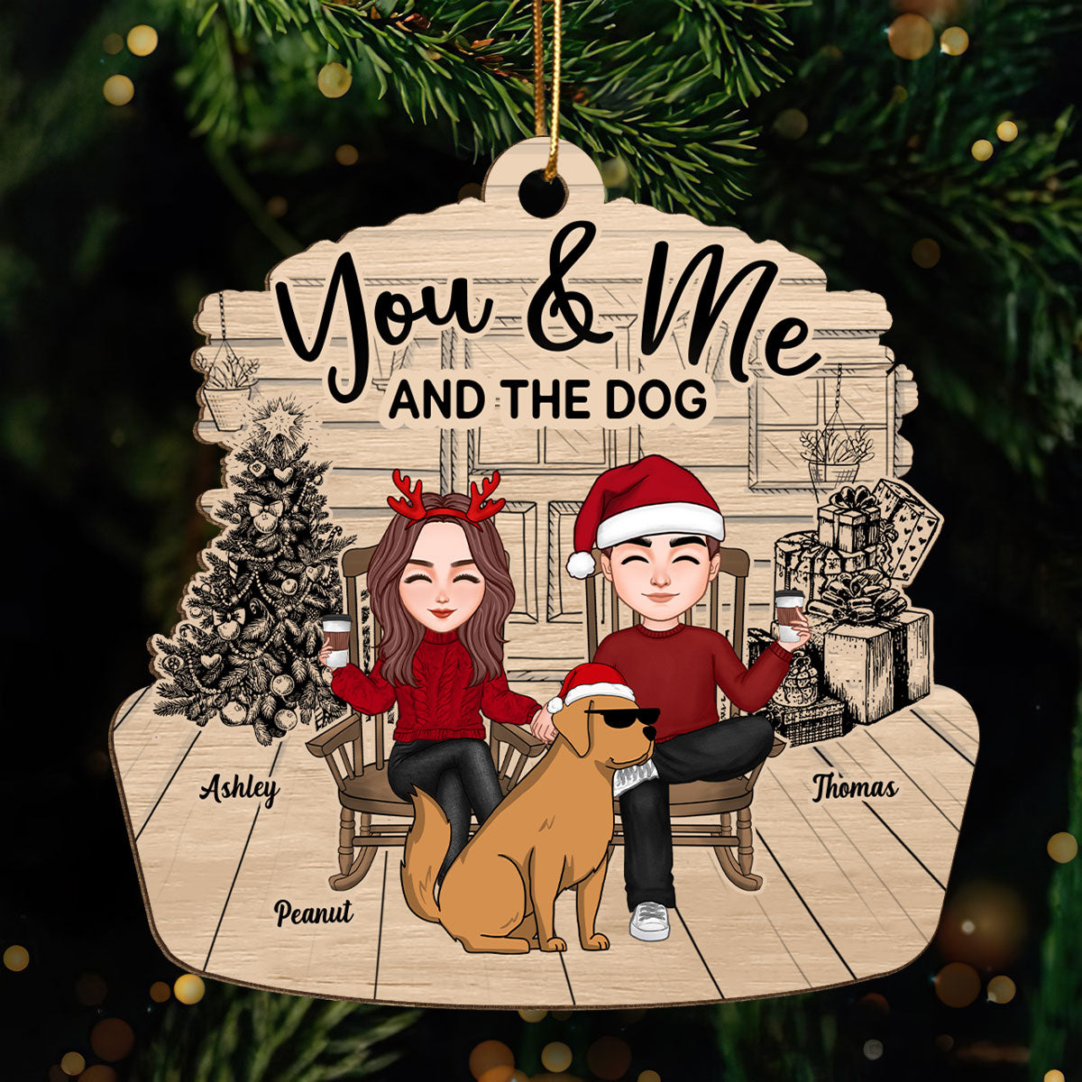 Couple And The Dogs Funny Dogs Cartoon Personalized Wooden Ornament