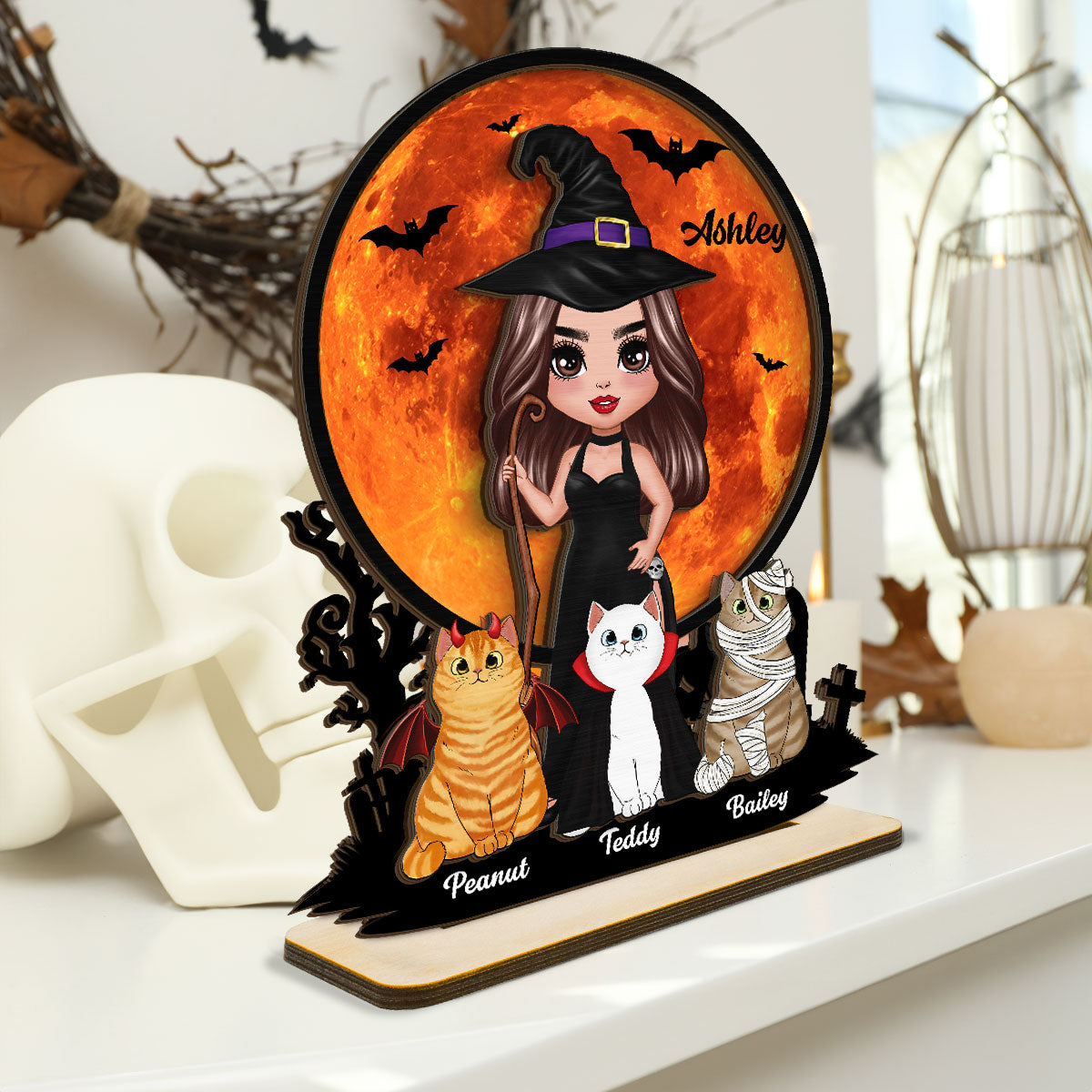 Witch Cat Mom Under Halloween Moon Tabletop Tier Tray Decor Personalized 2-Layer Standing Wooden Plaque