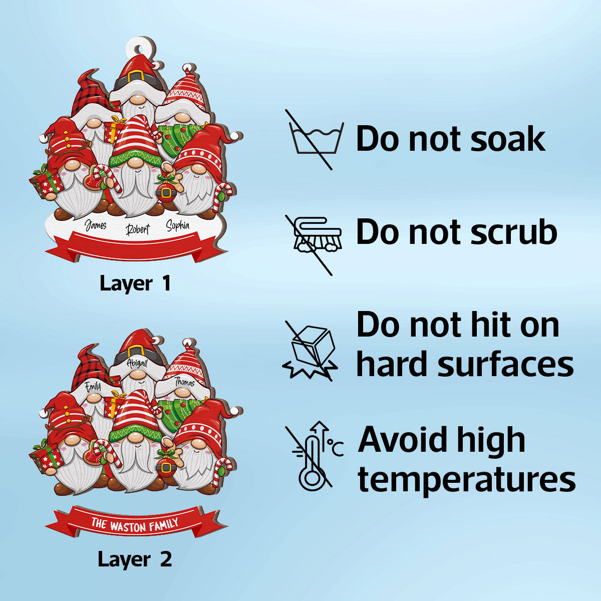 Christmas Gnome Family Personalized 2-Layer Wooden Ornament