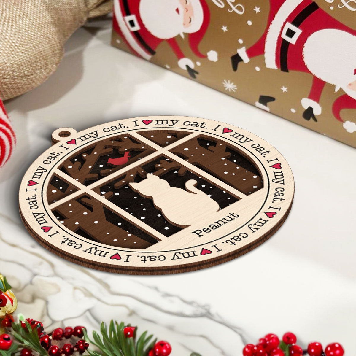 I Love My Cats Winter Windows Personalized 3-Layer Wooden Ornament, Christmas Gift for Cat Lovers