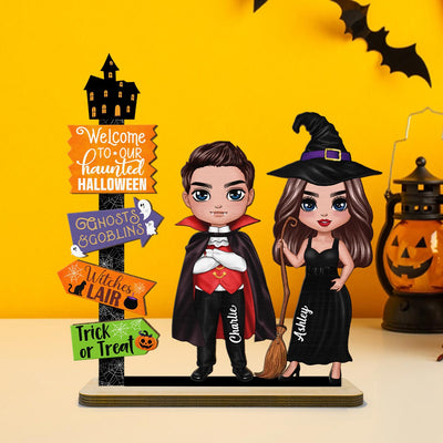 Welcome To Our Haunted House Couple Halloween Tier Tray Decor Personalized 2-Layer Standing Wooden Plaque