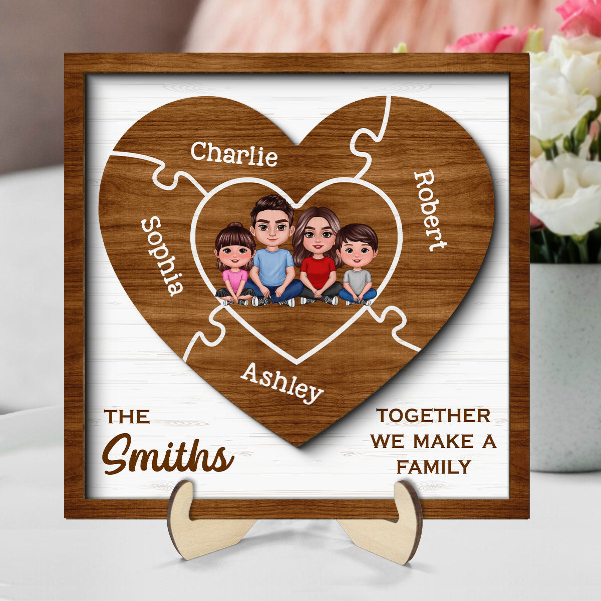 Together We Make A Family Puzzle Heart Personalized 2-Layer Wooden Plaque