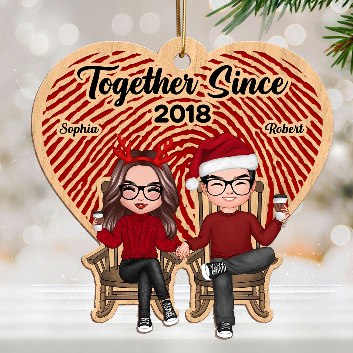 Heart Fingerprints Doll Couple Sitting Personalized Wooden Ornament