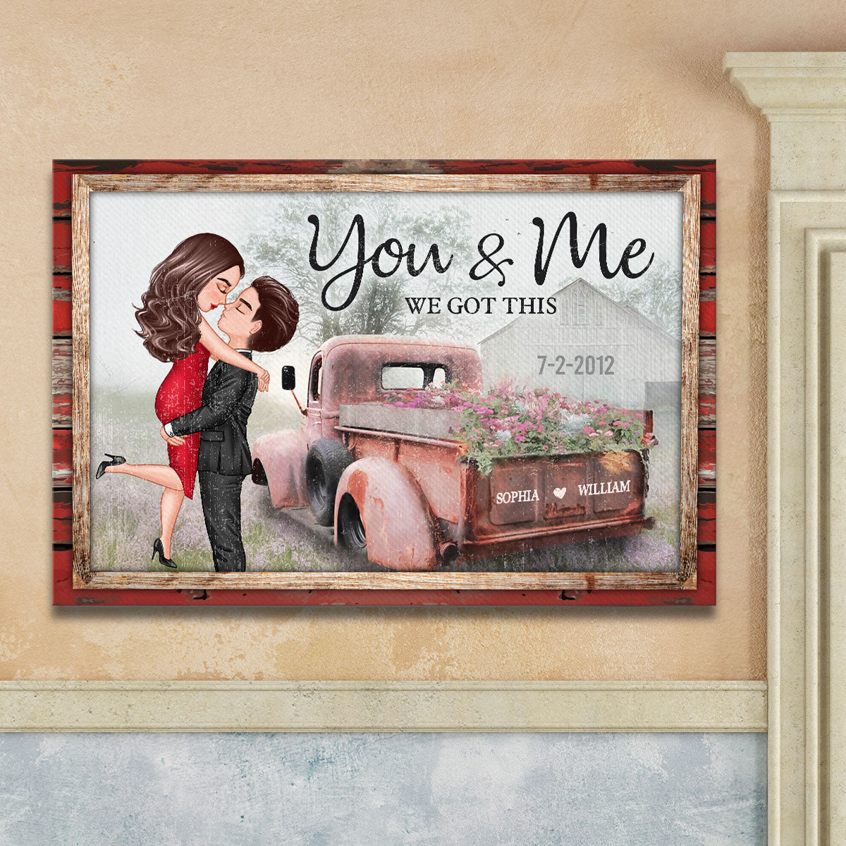 Red Vintage Truck Farmhouse Couple Hugging Kissing Personalized Canvas Print, Anniversary  Gift For Him, For Her