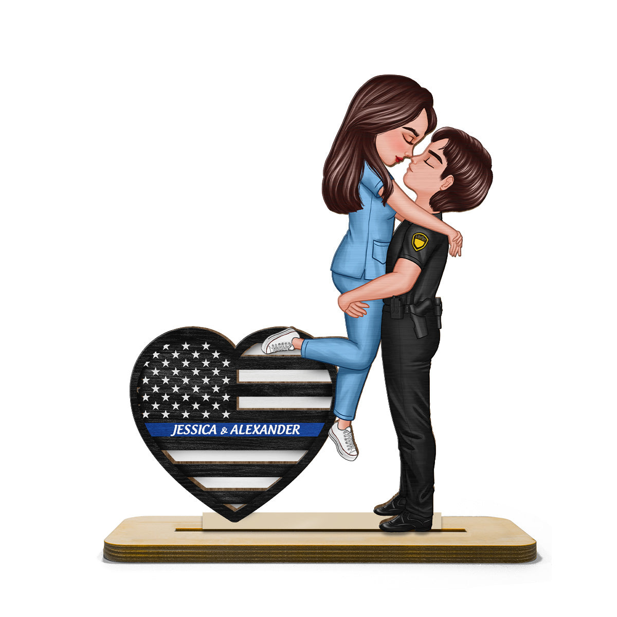 Hero Couple Hugging Kissing Keepsake  Gift by Occupation Personalized 2-Layer Standing Wooden Plaque