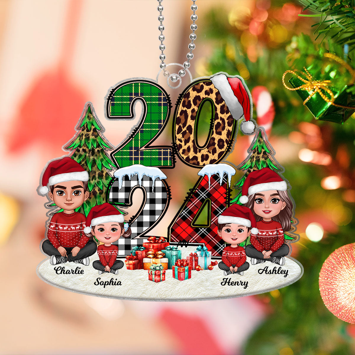 Christmas Family Sitting 2024 Stacked Pattern - Personalized Acrylic Ornament