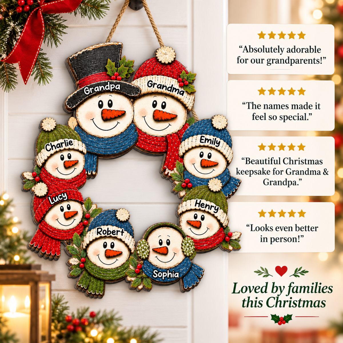 Grandpa Grandma Snowman Wreath - Personalized Wood Sign - Christmas Decoration For Porch, Window, Door