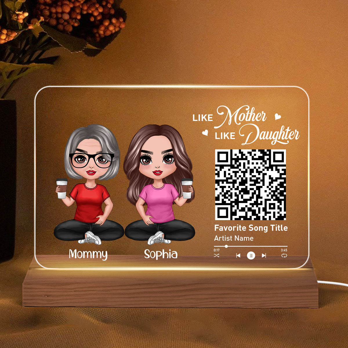 Doll Mom And Daughters Sitting Like Mother Like Daughters Favorite Song Scannable QR Code Personalized Custom Shape Acrylic Plaque LED Night Light