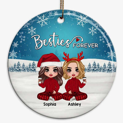 Doll Besties Sisters Checkered Pants Snow Blue Background Personalized Circle Ornament
