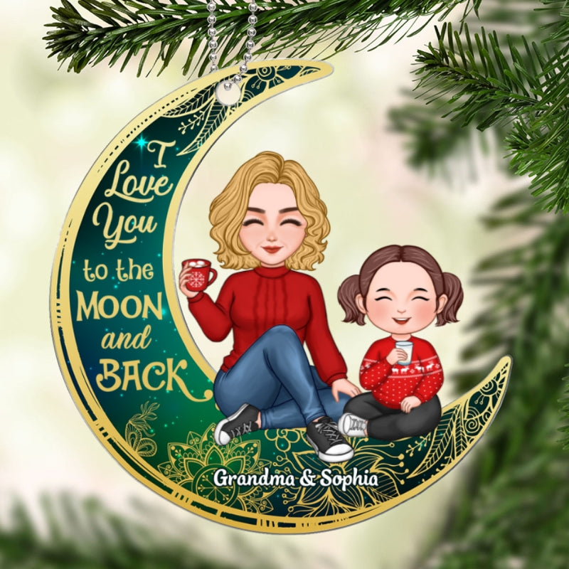 Cute Grandma & Grandkid On Green Moon Christmas Gift For Grandson Granddaughter Personalized Acrylic Ornament