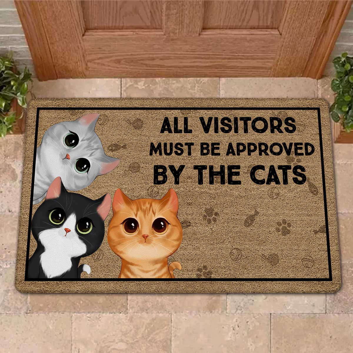 Peeking Watercolor Cute Cats Welcome Personalized Doormat