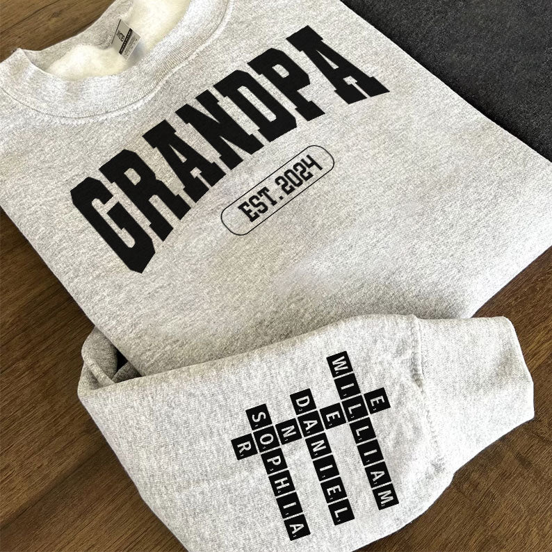 Grandpa Est Date Grandkids Names Crossword Puzzle Personalized Sleeve Printed Sweatshirt