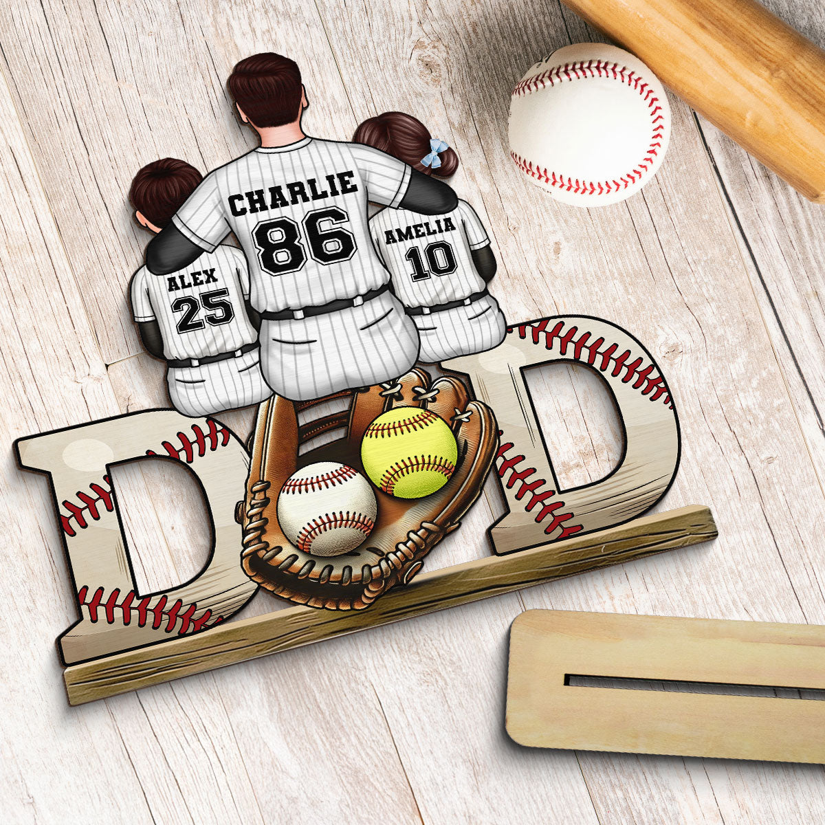 Baseball Softball Dad & Kids Glove Personalized 2-Layer Standing Wooden Plaque,  Gift for Dad, Gift for Husband