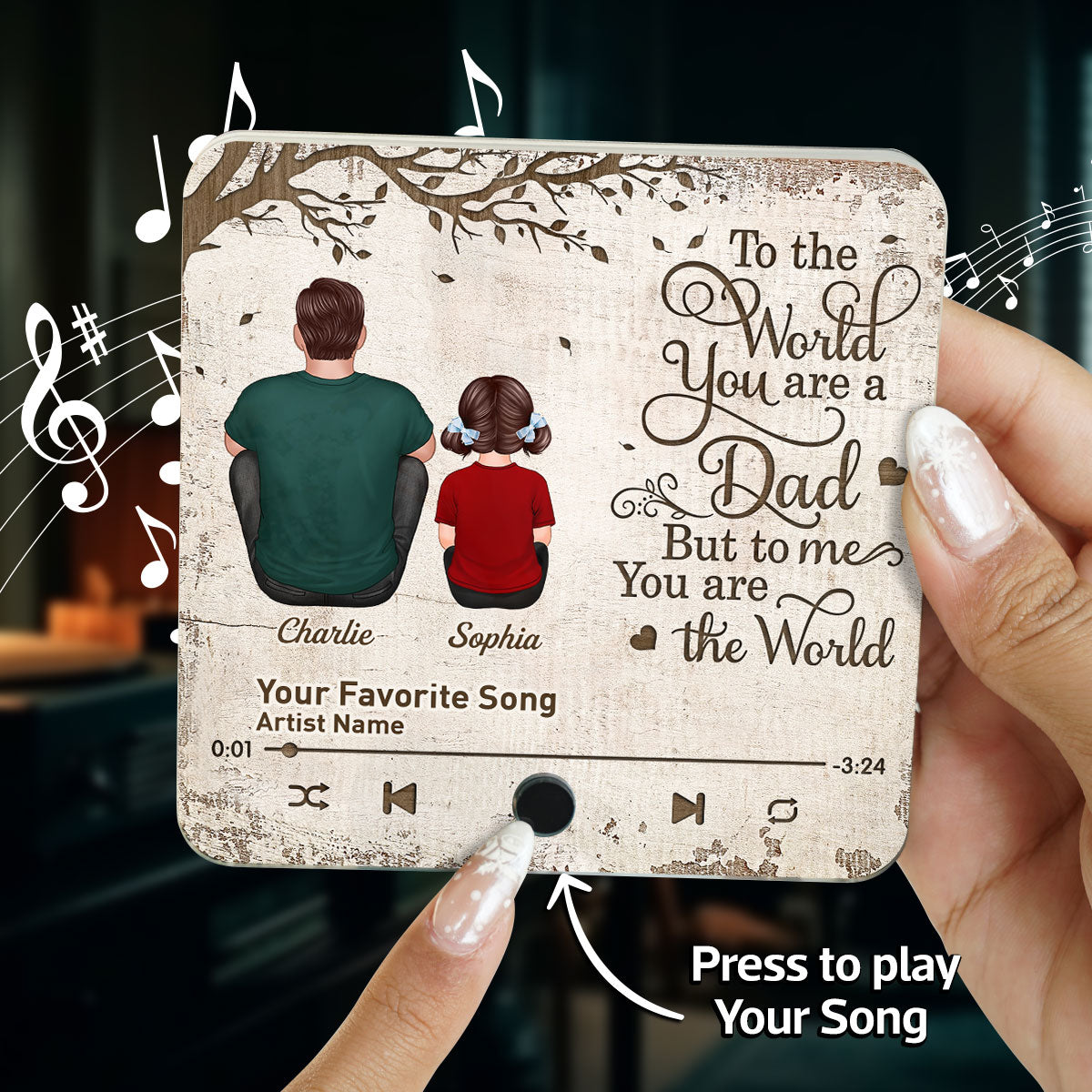 Dad And Kids Dogs Cats Sitting Under Tree To The World You Are A Dad Personalized Personalized Music Fridge Magnet, Heartfelt Gift For Dad