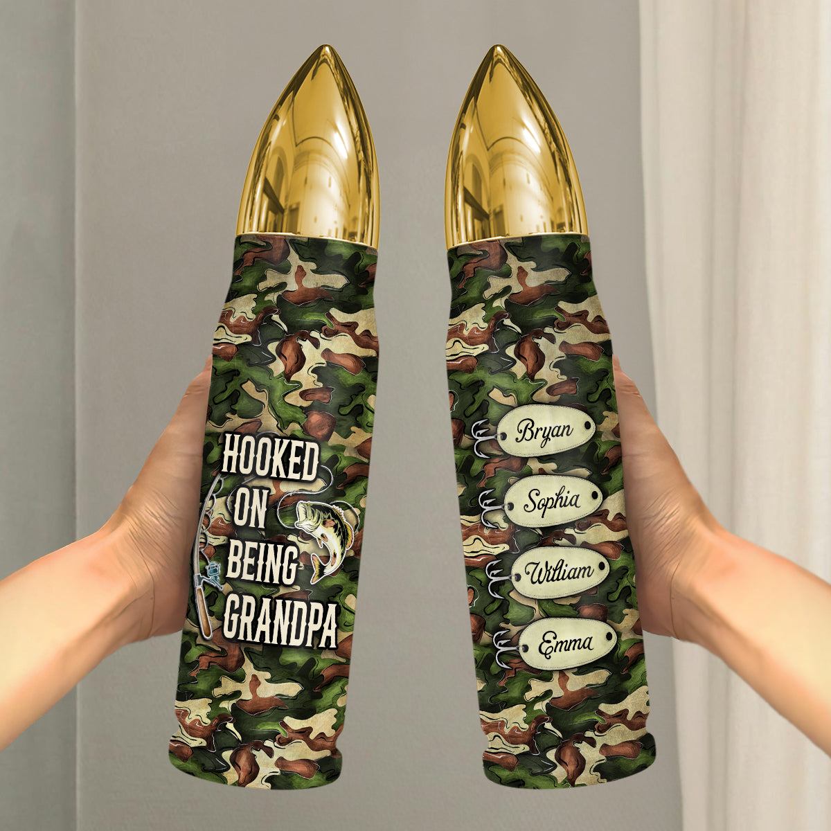 Hook On Being Grandpa Fishing Camouflage Personalized Bullet Tumbler