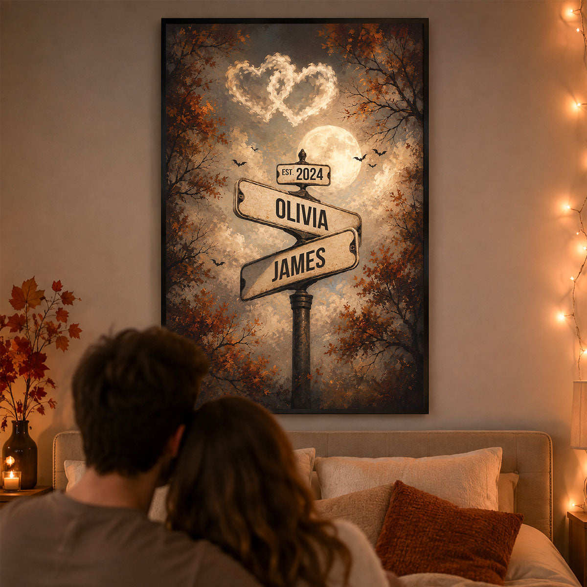 Spooky Halloween Full Moon Couple Street Sign - Personalized Poster - Custom Name And Date, Gift for Him, for Her