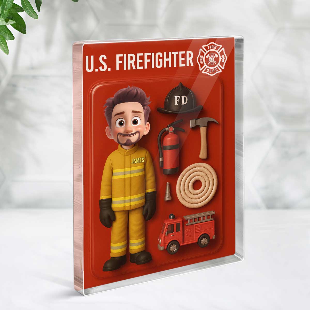 3D Effect Cartoon Funny Style Firefighter Custom Figure Personalized Flat Rectangle Acrylic Block