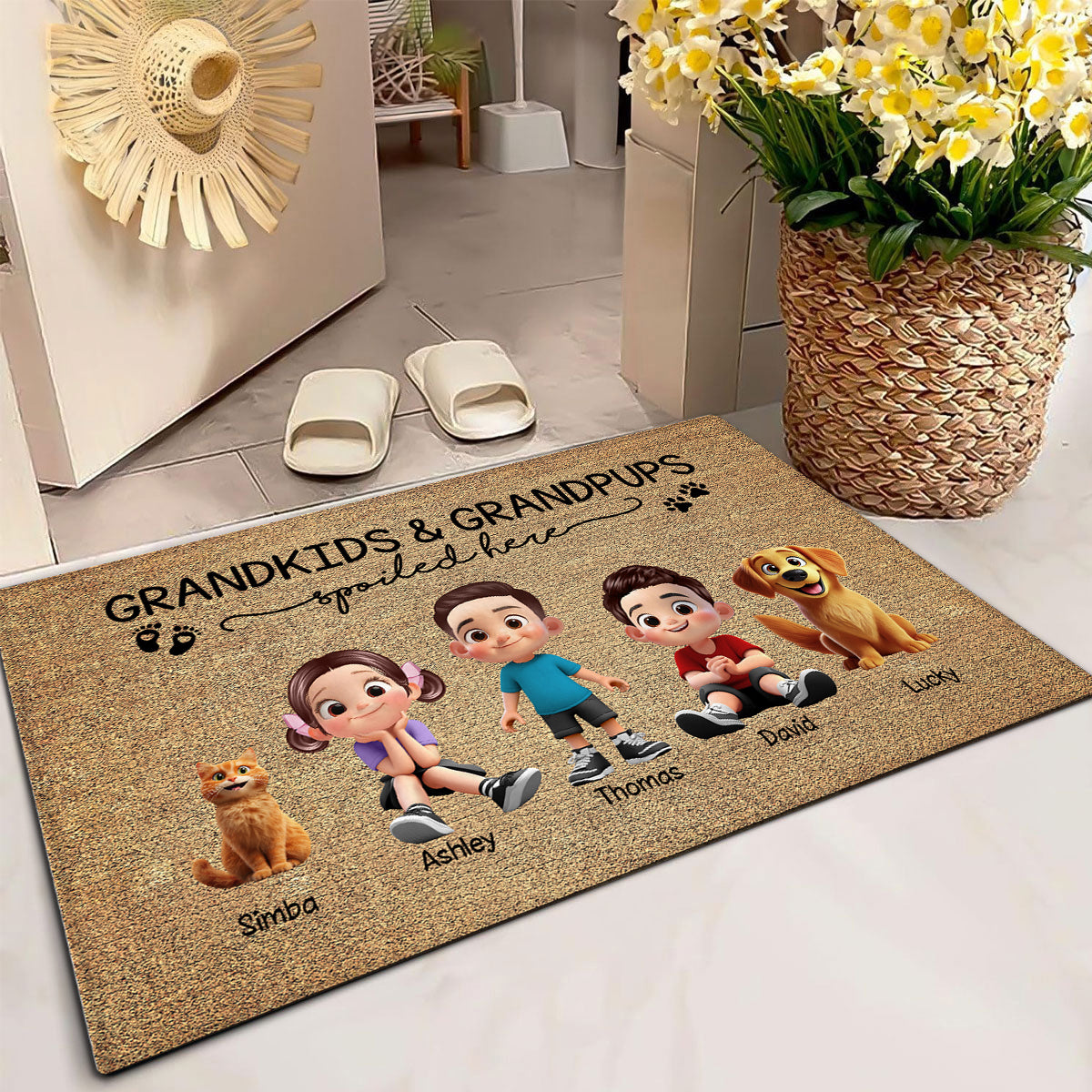 Grandkids & Grandpups Spoiled Here Personalized Doormat, Grandparents Welcome Mat