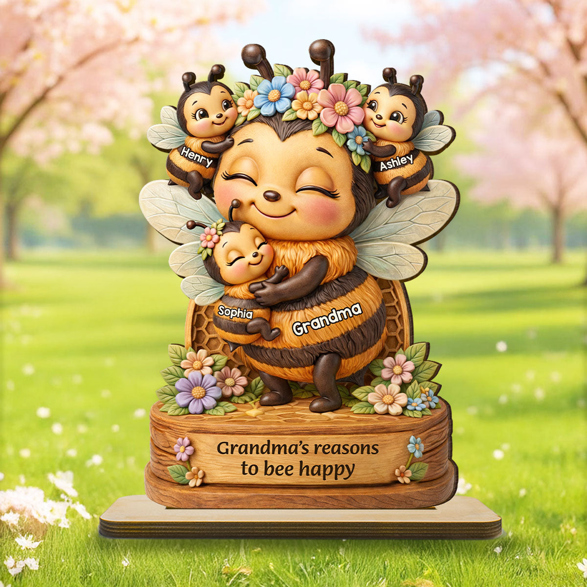 Grandma Mom's Reasons to Bee Happy - Personalized 2-Layered Wooden Plaque - Mother's Day Gift for Grandma, Mom