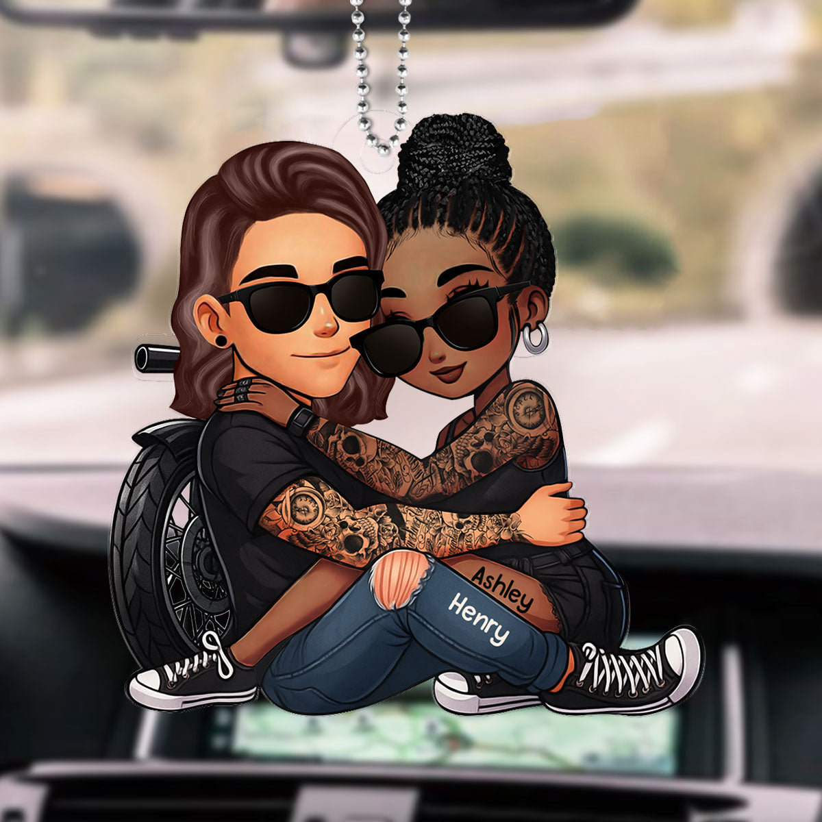 Biker 3D Cartoon Effect Couple Personalized Acrylic Car Ornament, Gift for her, Gift for him, Motorcycle Lovers