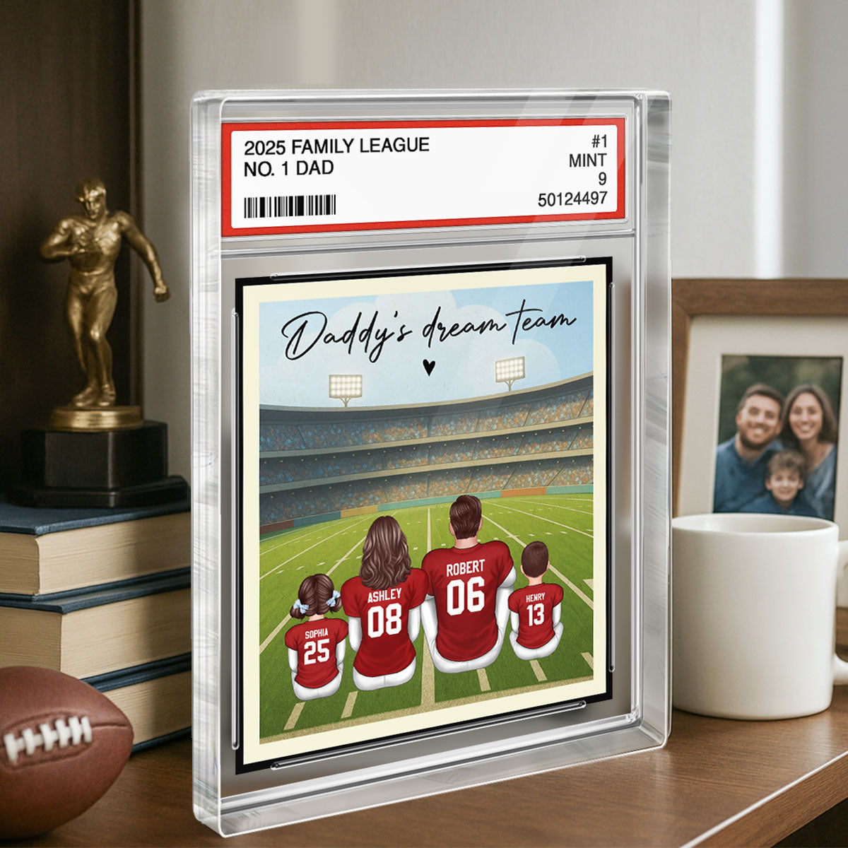 American Football Daddy's Dream Team No. 1 Dad Man & Kids Sitting Trading Card Style - Personalized Acrylic Block Plaque