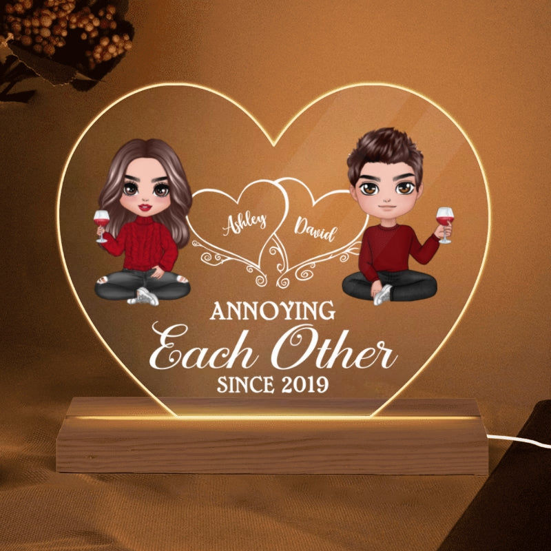 Hearts Doll Couple Sitting Annoying Each Other Gift For Him Gift For Her Personalized Custom Shape Acrylic Plaque With LED Night Light