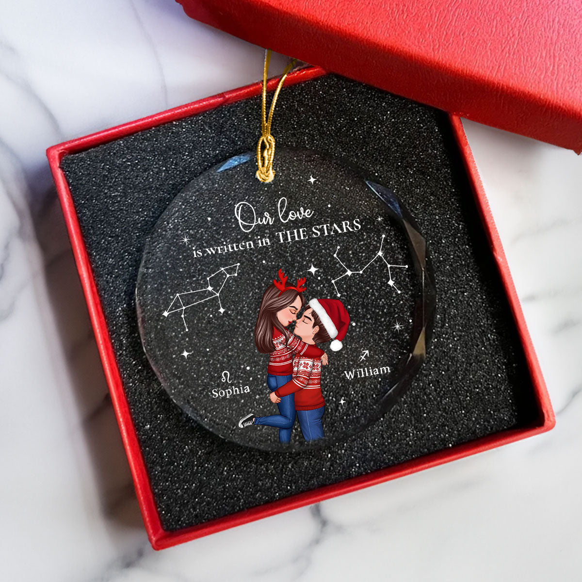 Couple Hugging Kissing Zodiac Sign Personalized Glass Ornament, Christmas Gift For Him For Her