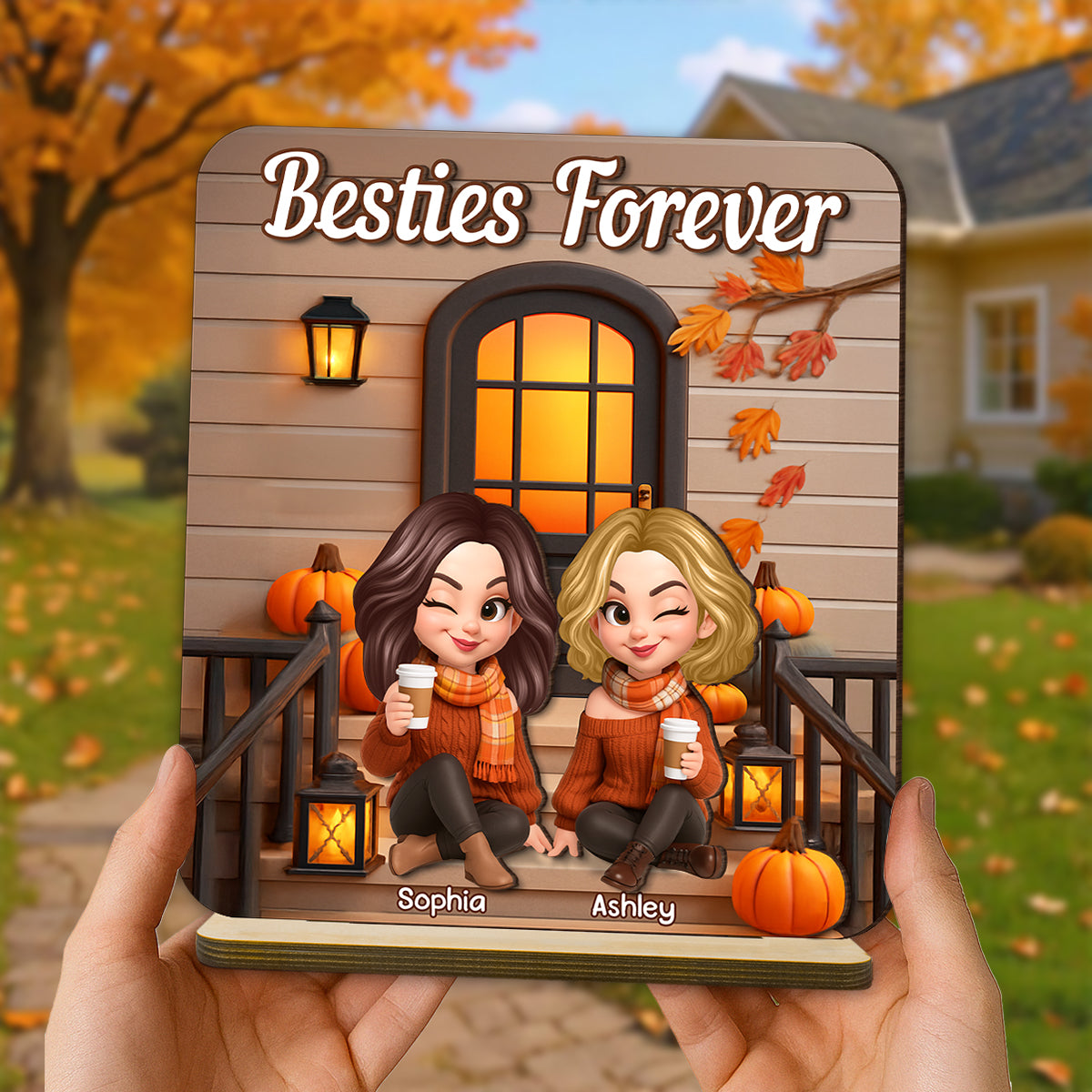 Fall Season Besties Forever Personalized Standing Wooden Plaque, Fall Gift for Best Friends