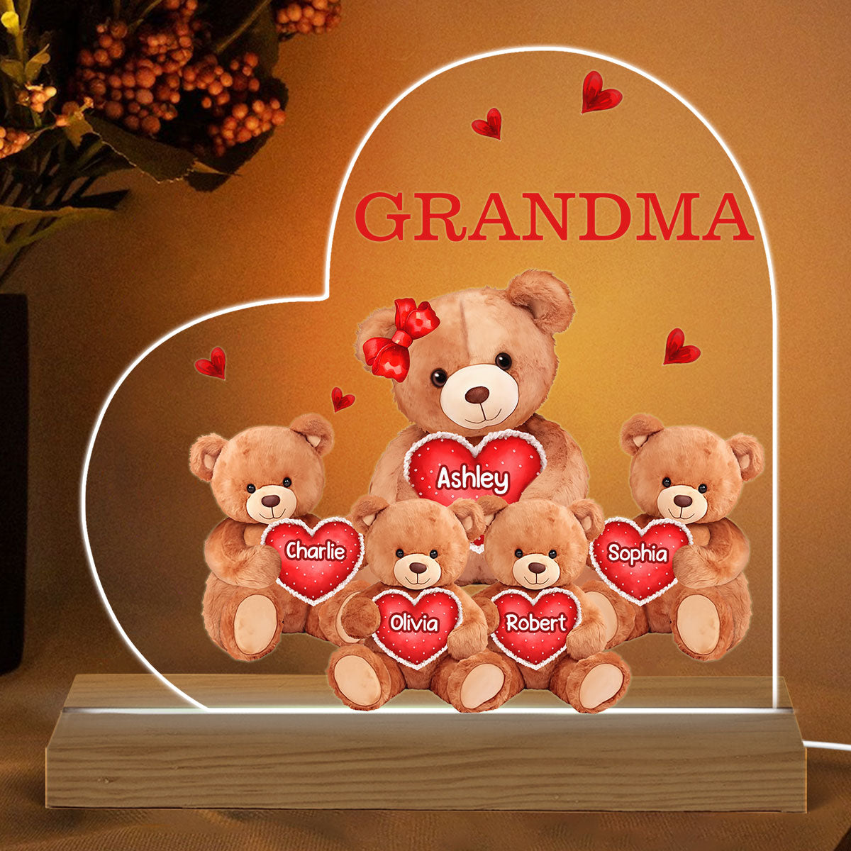 Grandma Mom Auntie Bear Personalized Custom Shape Acrylic Plaque Warm LED Night Light